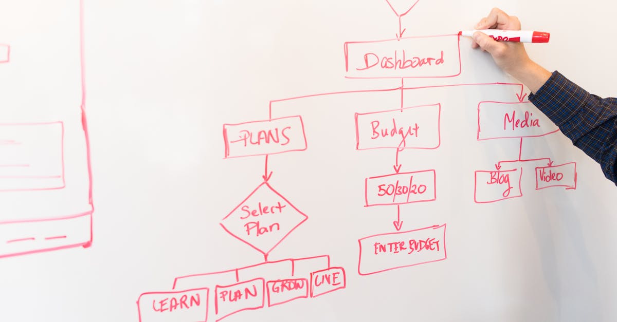 A person creates a flowchart diagram with red pen on a whiteboard, detailing plans and budgeting.