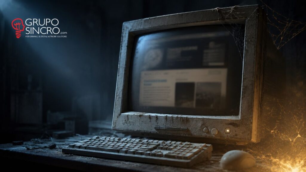 Pantalla de computadora antigua con telaraña representando un sitio web desactualizado